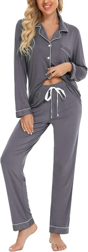Senert Pajamas Set For Women Long Sleeve Sleepwear Soft Button Down Shirt with Long Pants Pj Lounge Sets S-XXL