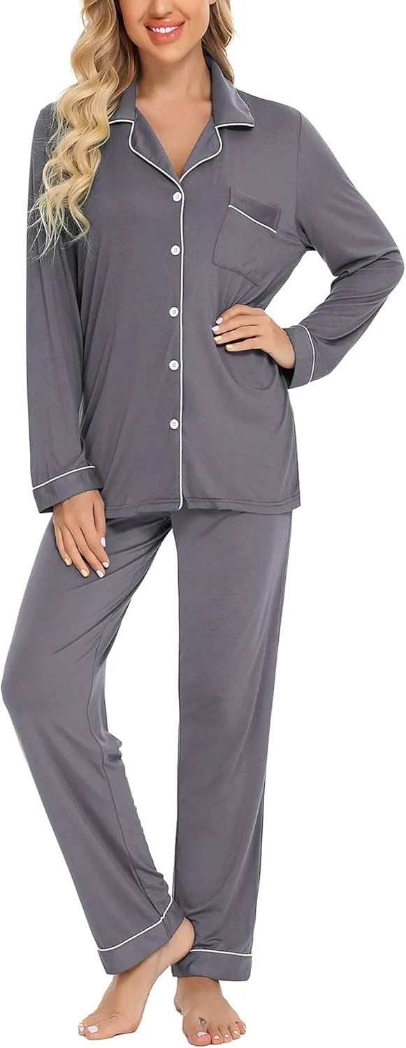Senert Pajamas Set For Women Long Sleeve Sleepwear Soft Button Down Shirt with Long Pants Pj Lounge Sets S-XXL