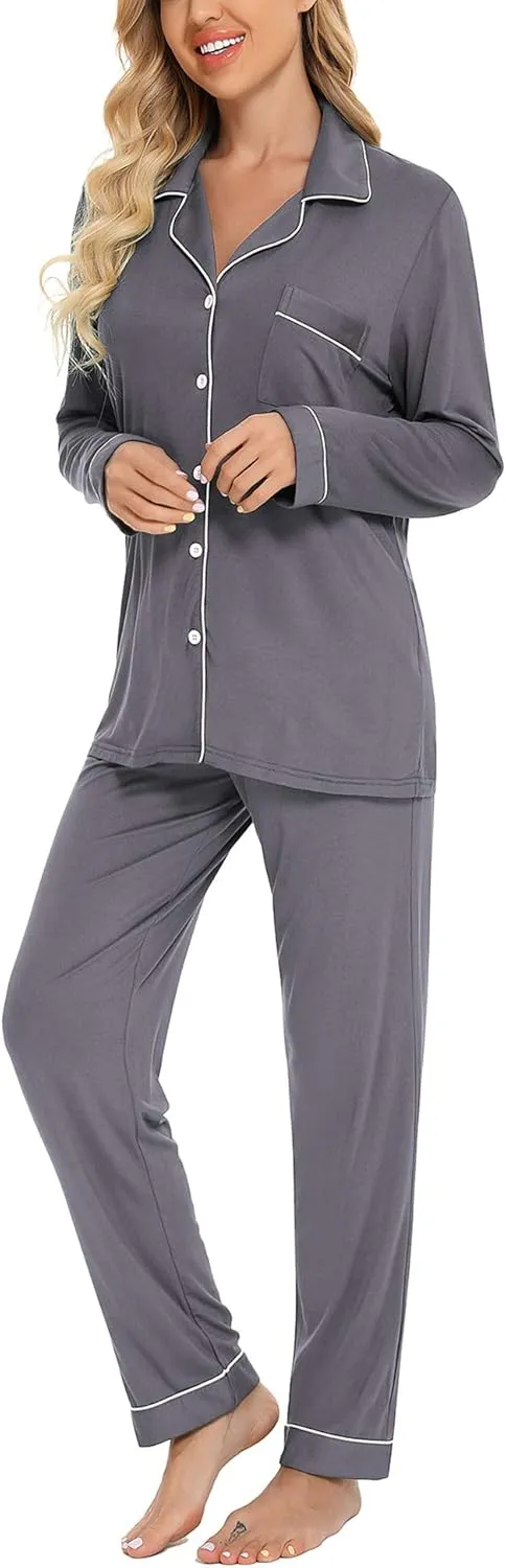 Senert Pajamas Set For Women Long Sleeve Sleepwear Soft Button Down Shirt with Long Pants Pj Lounge Sets S-XXL