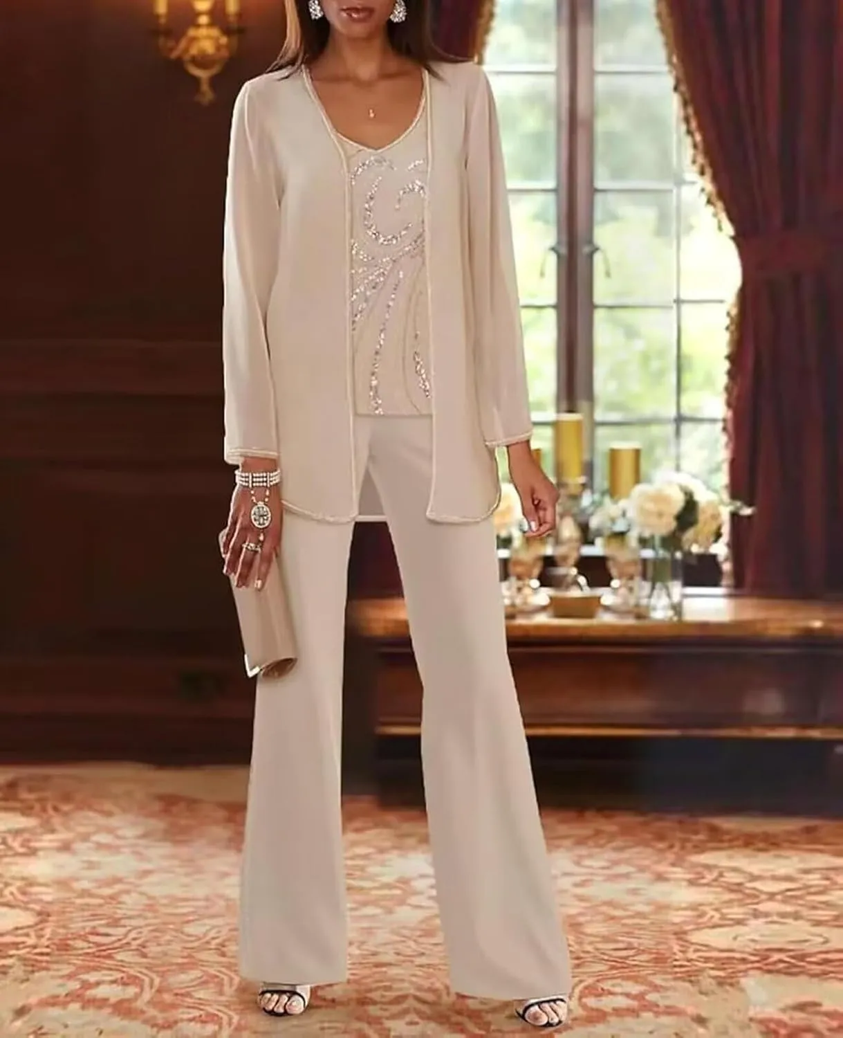 Sequin Pant Suits for Women Dressy Chiffon 3 Piece Mother of The Bride Pantsuits for Wedding Guest with Jacket