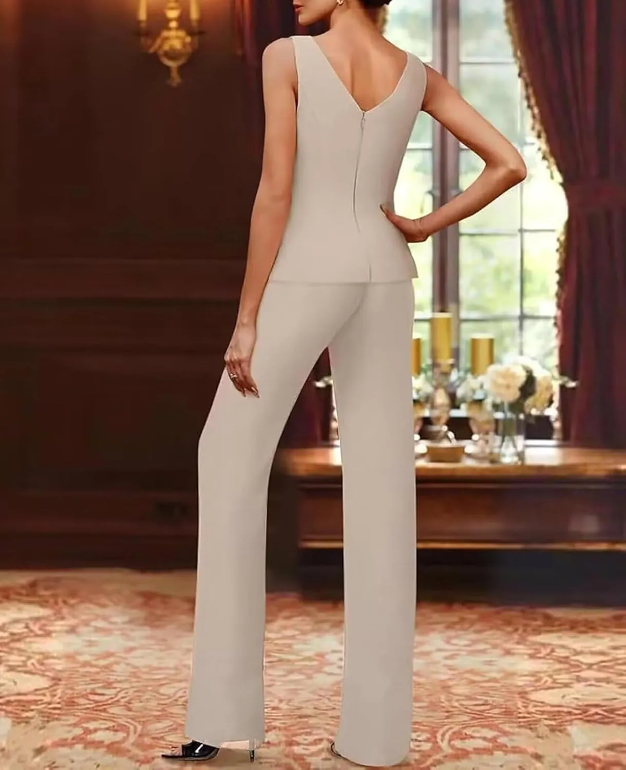 Sequin Pant Suits for Women Dressy Chiffon 3 Piece Mother of The Bride Pantsuits for Wedding Guest with Jacket