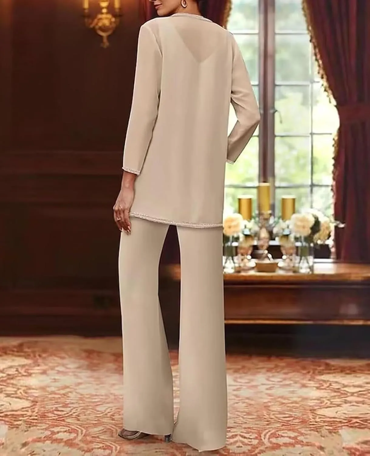 Sequin Pant Suits for Women Dressy Chiffon 3 Piece Mother of The Bride Pantsuits for Wedding Guest with Jacket