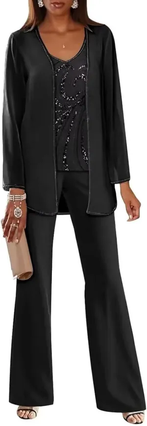 Sequin Pant Suits for Women Dressy Chiffon 3 Piece Mother of The Bride Pantsuits for Wedding Guest with Jacket