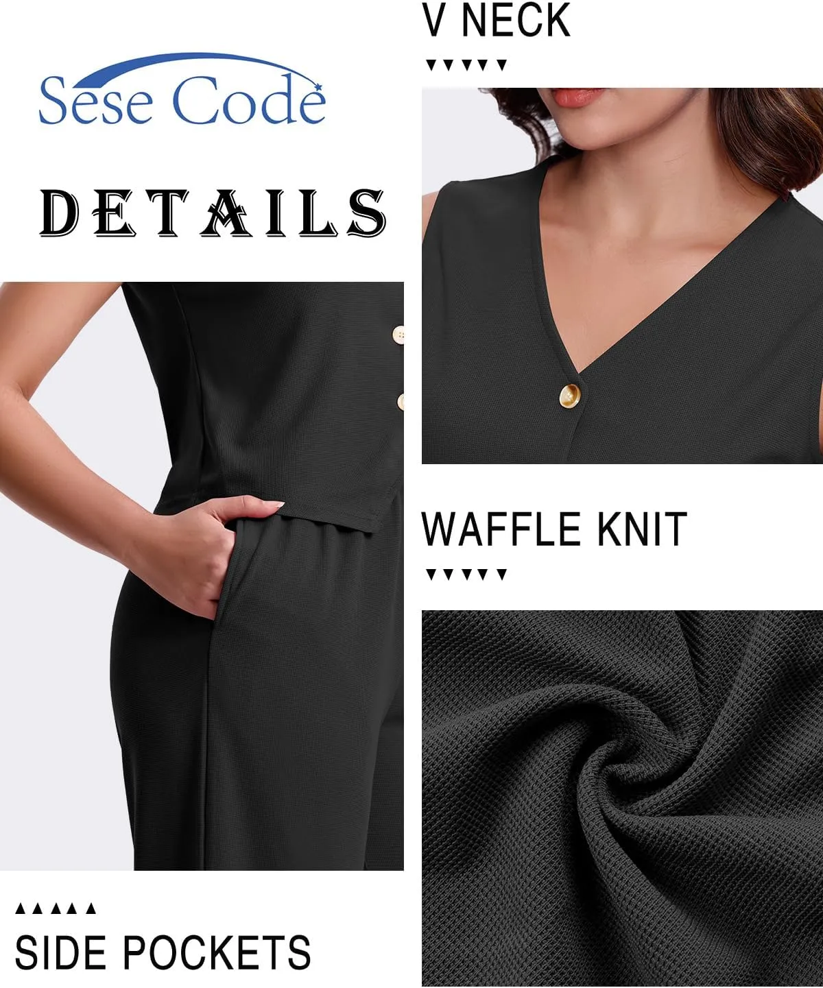 SeSe Code Womens 2 Piece Outfits Business Casual Button Up Vest and Wide Leg Pants Waffle Knit Sleeveless Blazer Suit Set