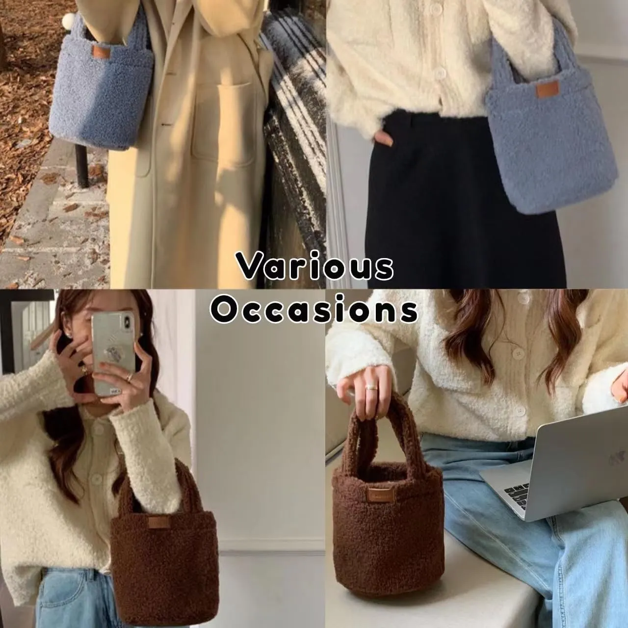 Sherpa Bucket Bag for Women Girls Furry Purse Handbags Fluffy Fuzzy Aesthetic Small Shoulder Bag for Autumn Winter