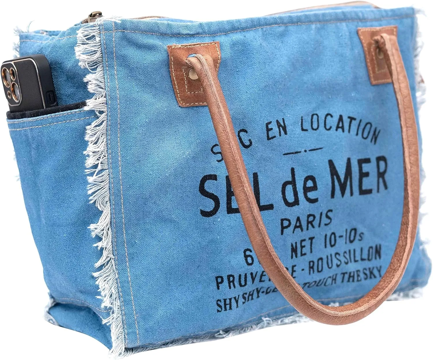 Shy Shy Bags Sel De Mer Canvas & Cowhide Tote Bag - Upcycled Radiant Leather Hand Bag