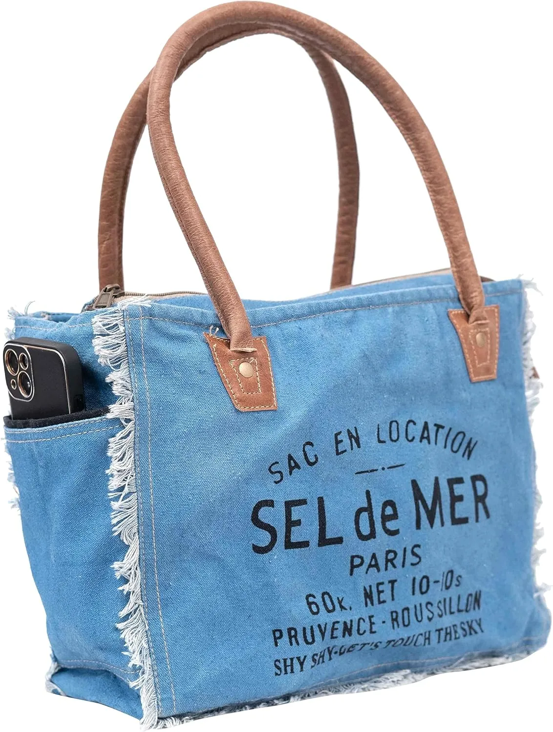 Shy Shy Bags Sel De Mer Canvas & Cowhide Tote Bag - Upcycled Radiant Leather Hand Bag