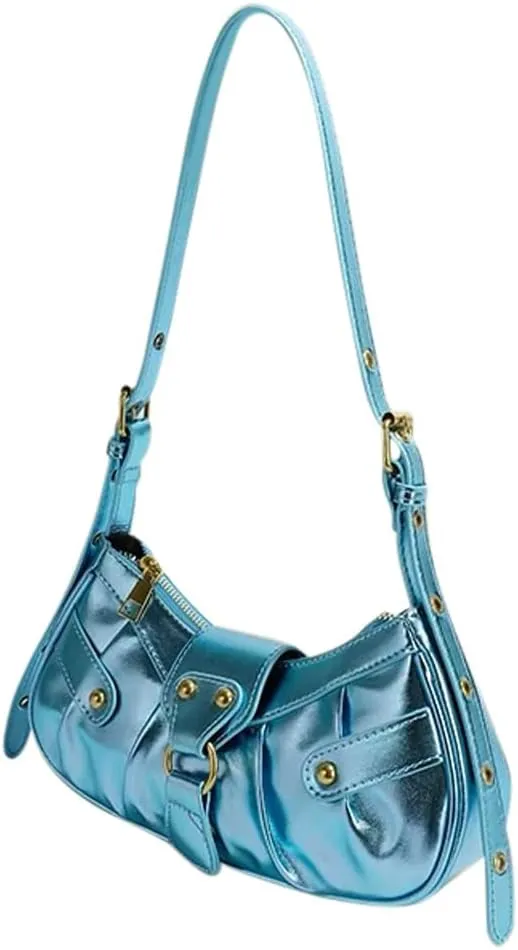 Silver Crossbody Purse Y2K Metallic Shoulder Bags for Women Leather Punk Saddle Hobo Purses