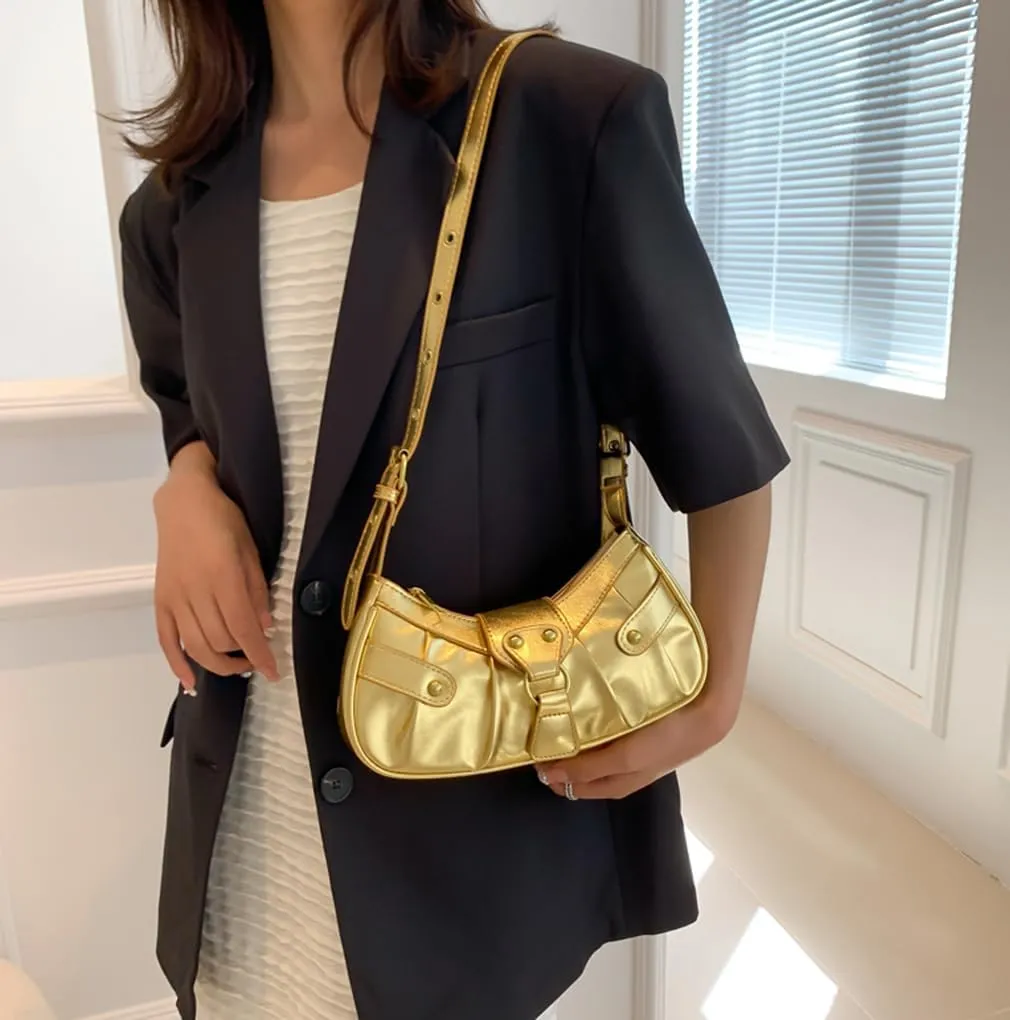 Silver Crossbody Purse Y2K Metallic Shoulder Bags for Women Leather Punk Saddle Hobo Purses