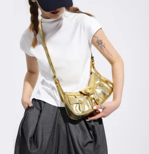 Silver Crossbody Purse Y2K Metallic Shoulder Bags for Women Leather Punk Saddle Hobo Purses