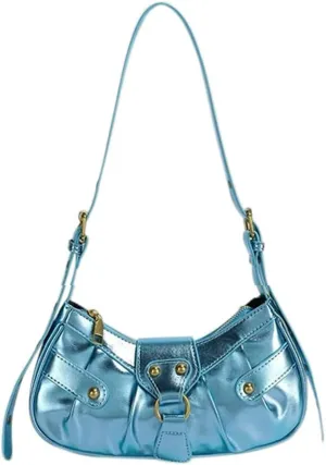 Silver Crossbody Purse Y2K Metallic Shoulder Bags for Women Leather Punk Saddle Hobo Purses