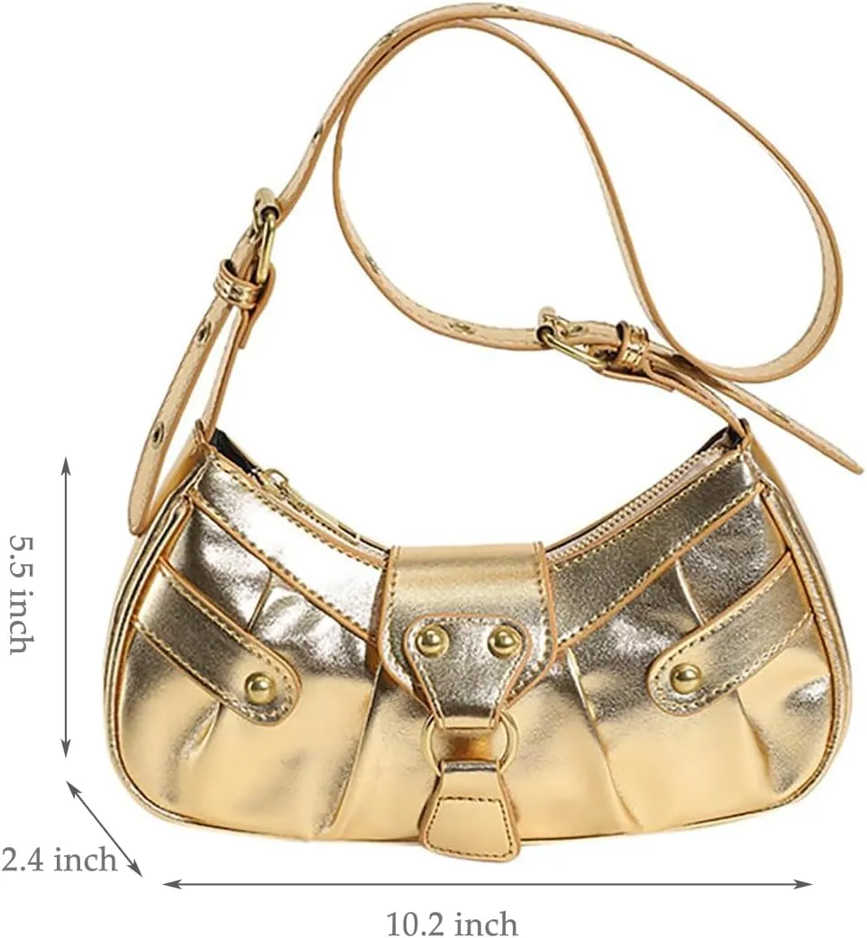 Silver Crossbody Purse Y2K Metallic Shoulder Bags for Women Leather Punk Saddle Hobo Purses