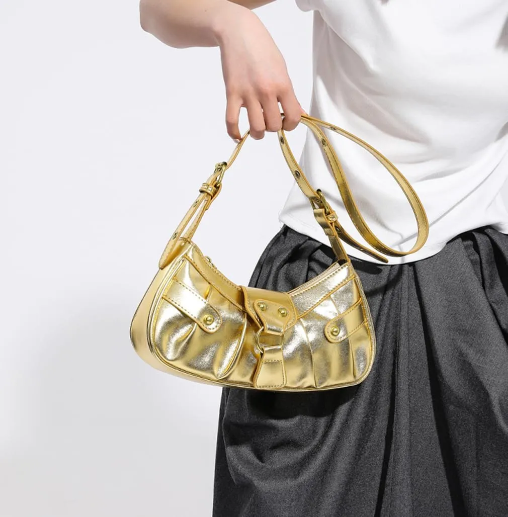 Silver Crossbody Purse Y2K Metallic Shoulder Bags for Women Leather Punk Saddle Hobo Purses