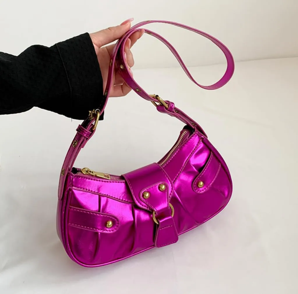 Silver Crossbody Purse Y2K Metallic Shoulder Bags for Women Leather Punk Saddle Hobo Purses