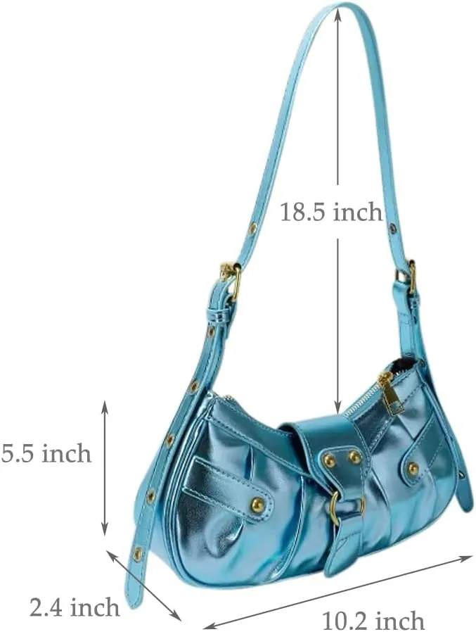 Silver Crossbody Purse Y2K Metallic Shoulder Bags for Women Leather Punk Saddle Hobo Purses