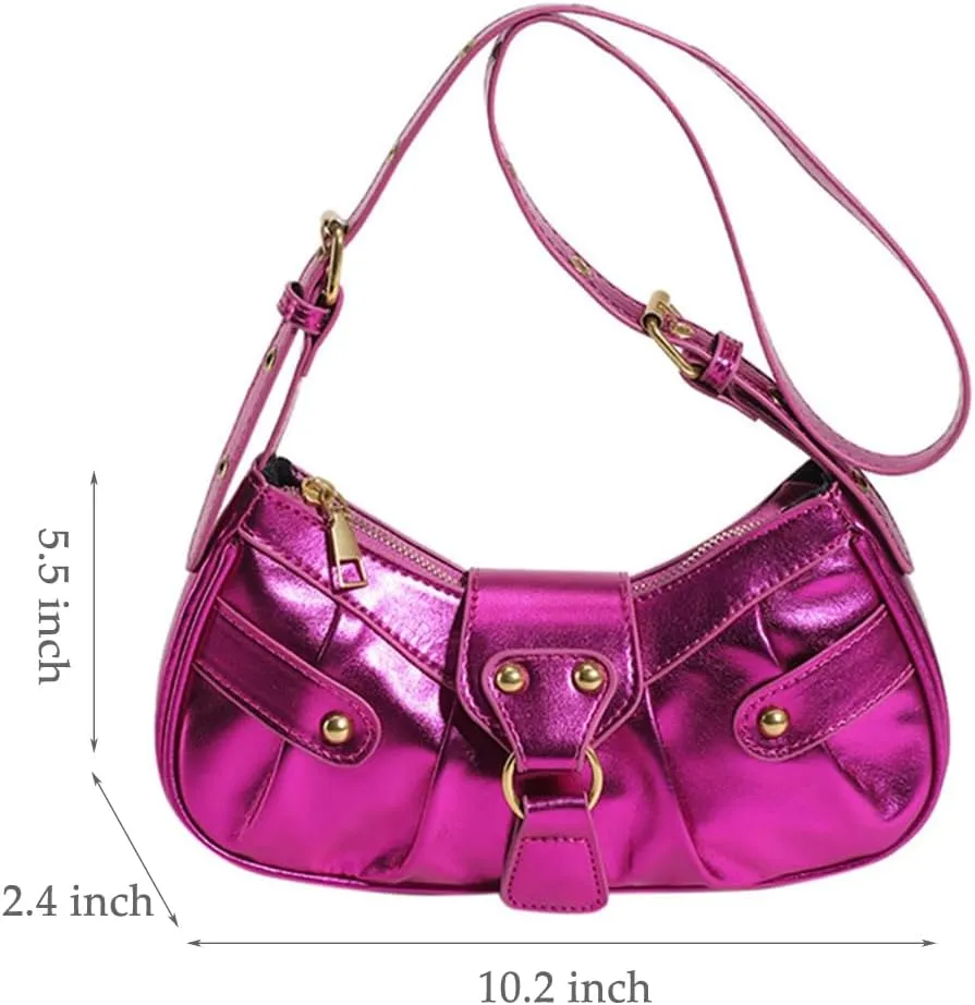 Silver Crossbody Purse Y2K Metallic Shoulder Bags for Women Leather Punk Saddle Hobo Purses