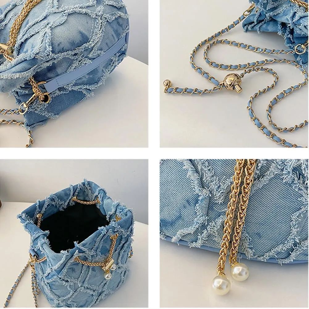 Small Denim Bucket Bag, Jean Purses for Women Denim Crossbody Bags Hobo Bag Drawstring Handbag