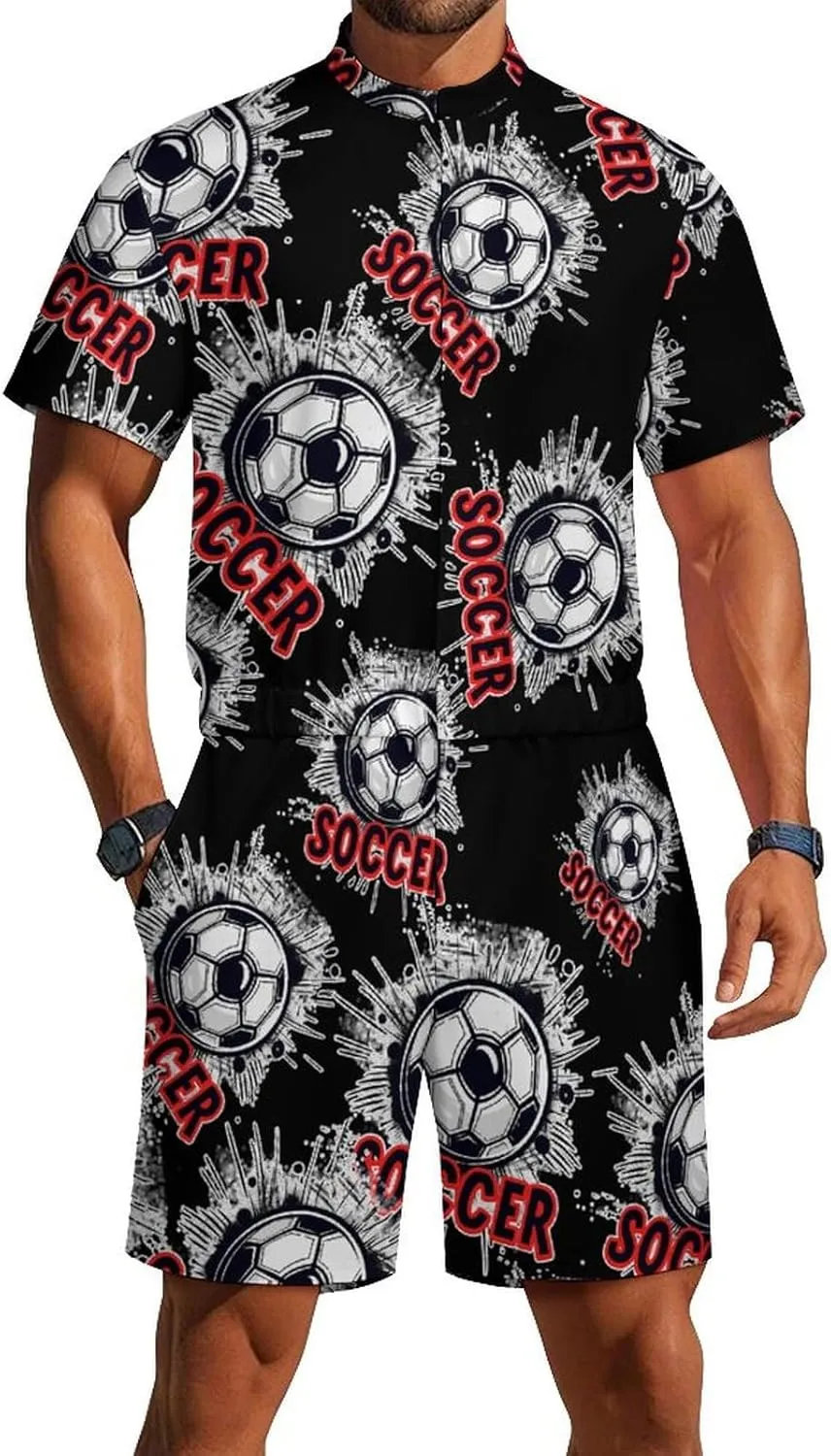 Soccer Ball Mens Short Sleeve Rompers Printed Slim Fit One Piece Jumpsuit with Pocket
