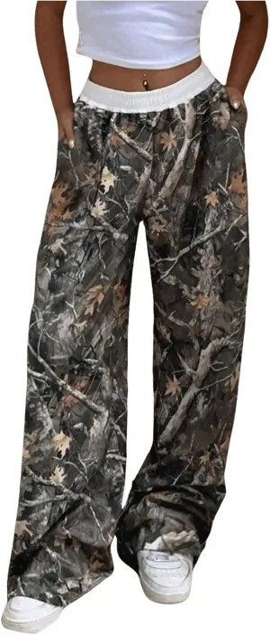 SOLY HUX Women's Camo Pants Elastic Waist Baggy Wide Leg Y2k Sweatpants with Pockets