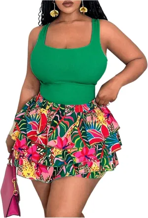 SOLY HUX Women's Plus Size 2 Piece Summer Vacation Outfits Floral Print Tank Tops and Ruffle Layered Shorts Set