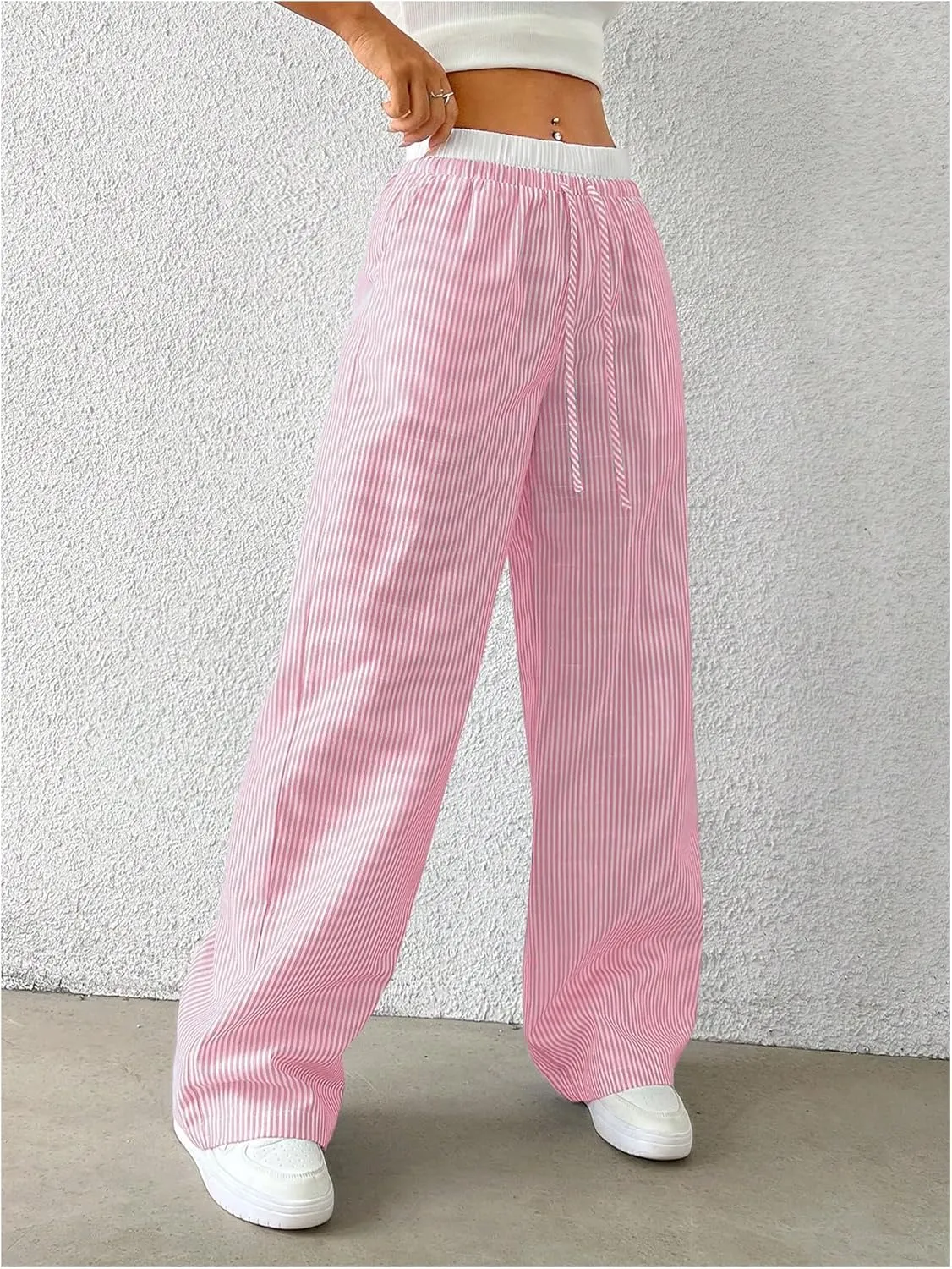 SOLY HUX Women's Striped Wide Leg Pants Drawstring High Waisted Baggy Casual Long Pants