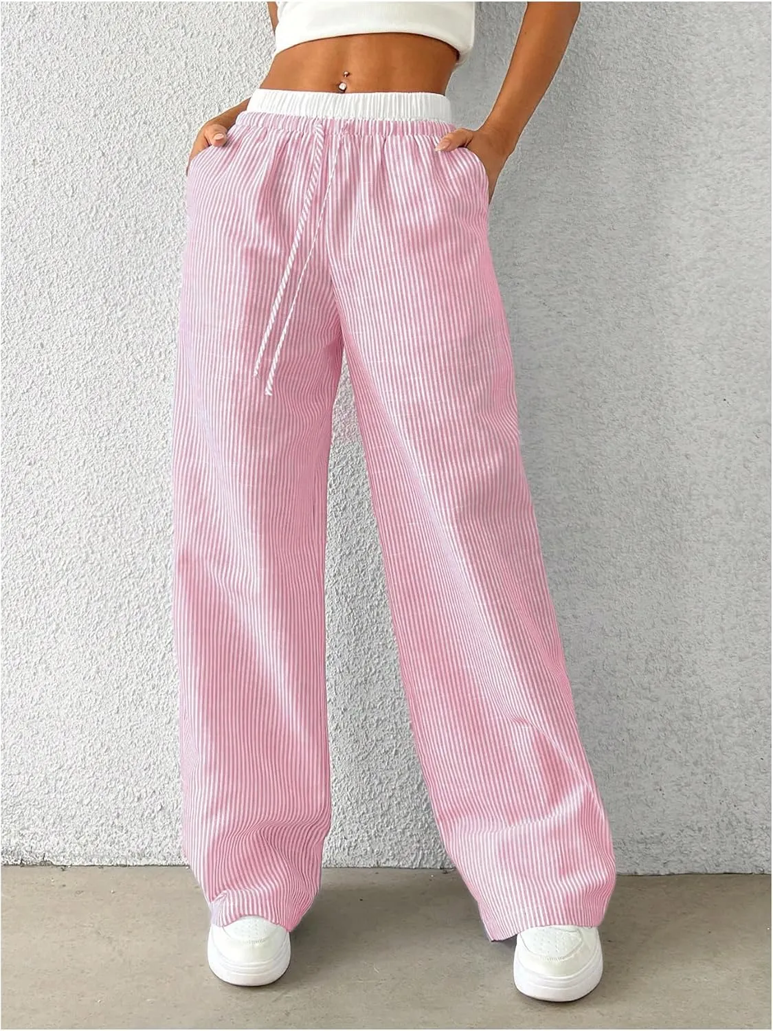 SOLY HUX Women's Striped Wide Leg Pants Drawstring High Waisted Baggy Casual Long Pants