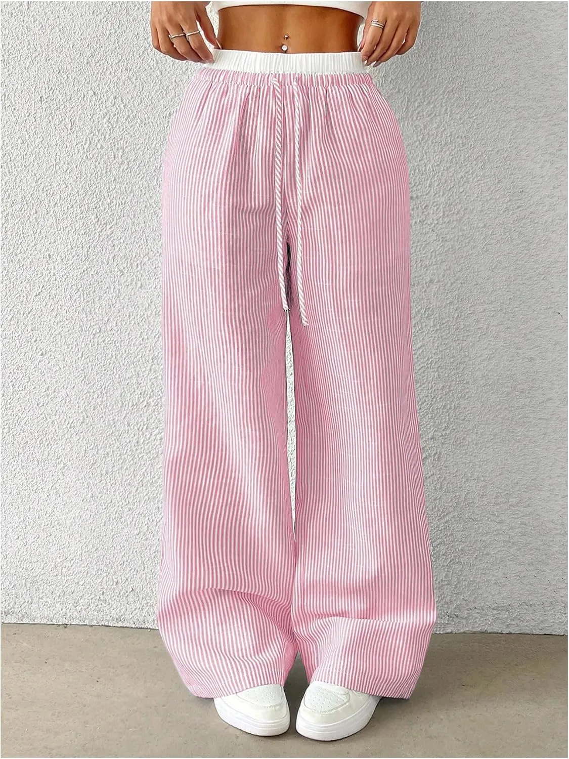SOLY HUX Women's Striped Wide Leg Pants Drawstring High Waisted Baggy Casual Long Pants