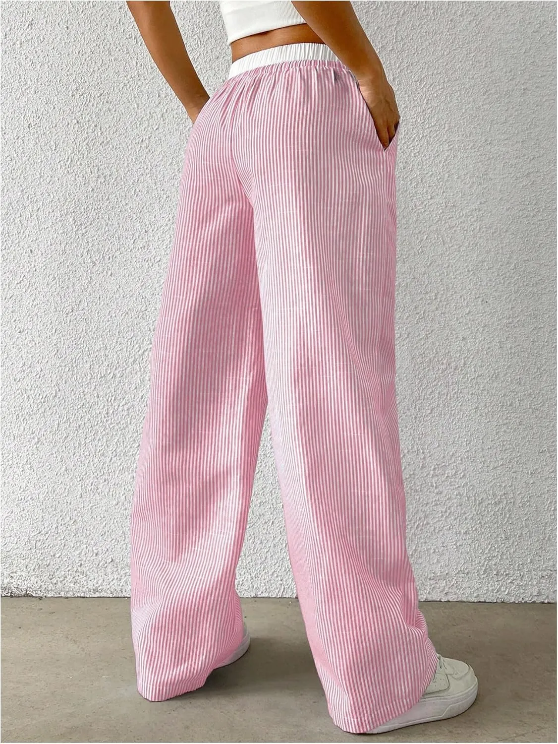 SOLY HUX Women's Striped Wide Leg Pants Drawstring High Waisted Baggy Casual Long Pants