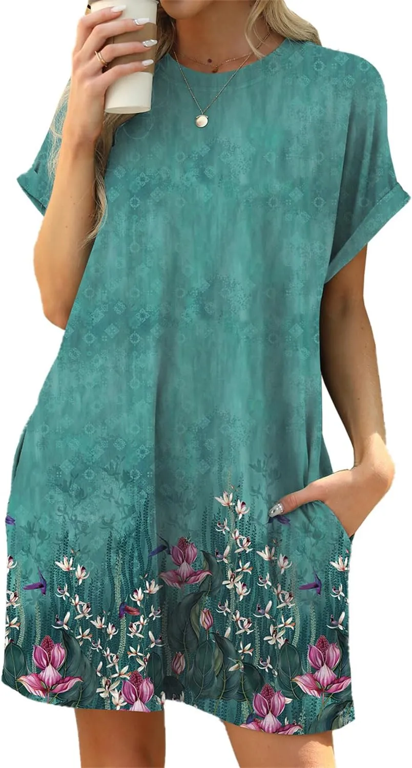 Sulozom Womens Summer Dresses Casual Crewneck Short Sleeve Floral Print Sundresses Beach A-line Shift Dress 2025 with Pockets