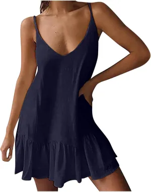 Summer Dresses for Women 2024 Casual Plus Size V Neck Solid Color Slip Dress Trendy Summer Vacation Flowy Dress