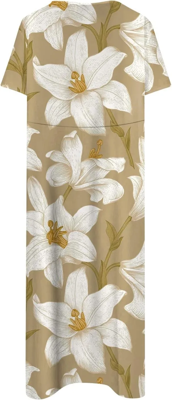 Summer Dresses for Women 2024 Pocket Short Sleeve Beach Dress Printed Pleated Dresses Round Neck Comfy Maxi Dress