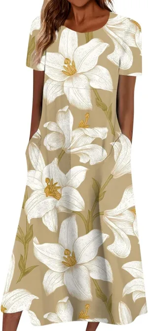 Summer Dresses for Women 2024 Pocket Short Sleeve Beach Dress Printed Pleated Dresses Round Neck Comfy Maxi Dress