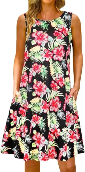 Summer Dresses for Women 2024 Womens Crew Neck Tank Dress Loose Sleeveless Mini Dress Flowy Beach Sundress