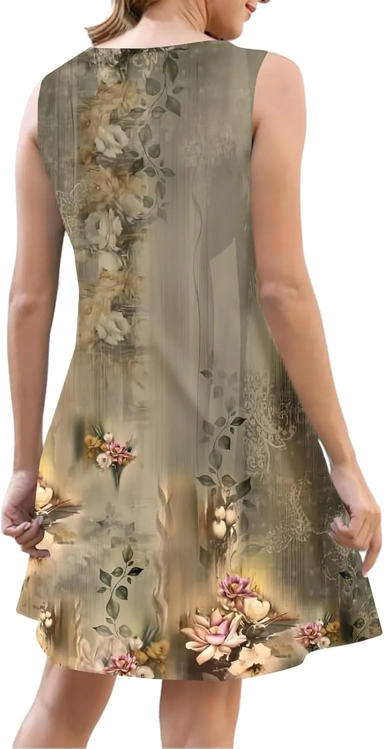 Summer Dresses for Women 2025 Loose Fit Sundress Sleeveless V Neck Beach Vacation Dress Casual Tank Dress with Pockets