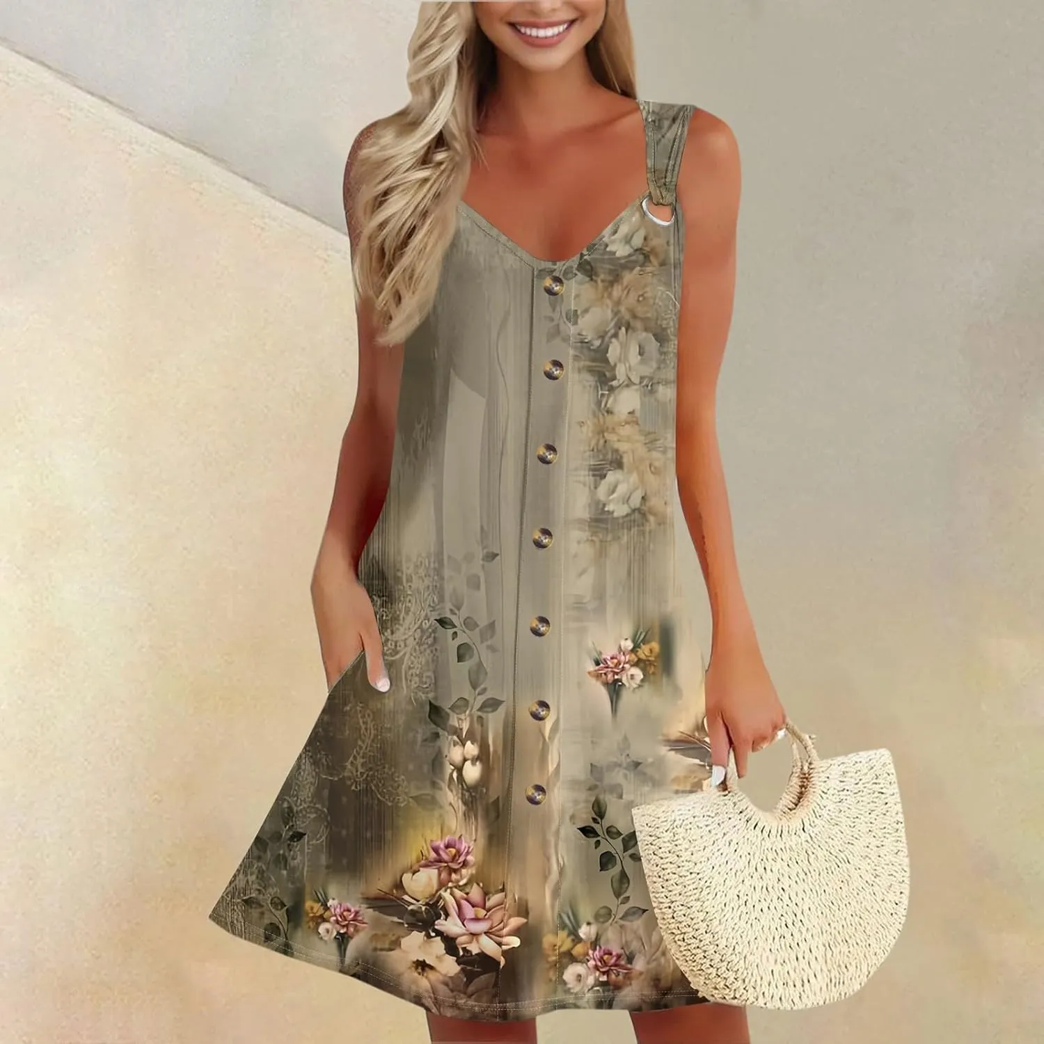Summer Dresses for Women 2025 Loose Fit Sundress Sleeveless V Neck Beach Vacation Dress Casual Tank Dress with Pockets