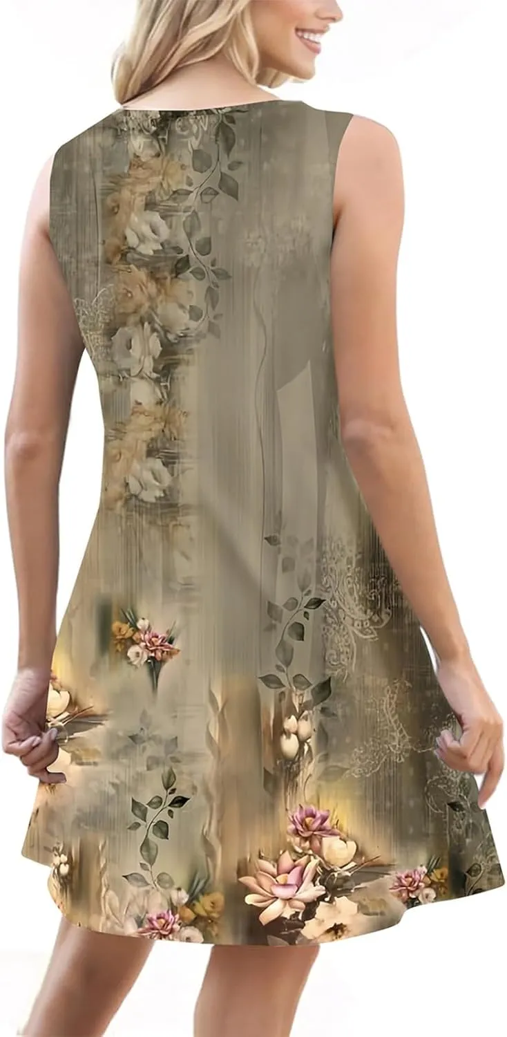 Summer Dresses for Women 2025 Loose Fit Sundress Sleeveless V Neck Beach Vacation Dress Casual Tank Dress with Pockets