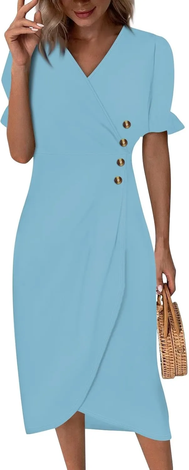 Summer Dresses for Women 2025 Short Sleeve Casual Flowy Dresses V Neck Floral Vacation Sundress Faux Wrap Midi Dress