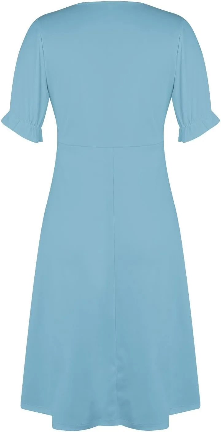Summer Dresses for Women 2025 Short Sleeve Casual Flowy Dresses V Neck Floral Vacation Sundress Faux Wrap Midi Dress