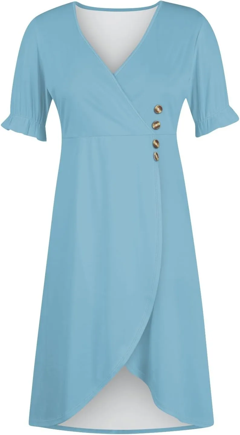 Summer Dresses for Women 2025 Short Sleeve Casual Flowy Dresses V Neck Floral Vacation Sundress Faux Wrap Midi Dress