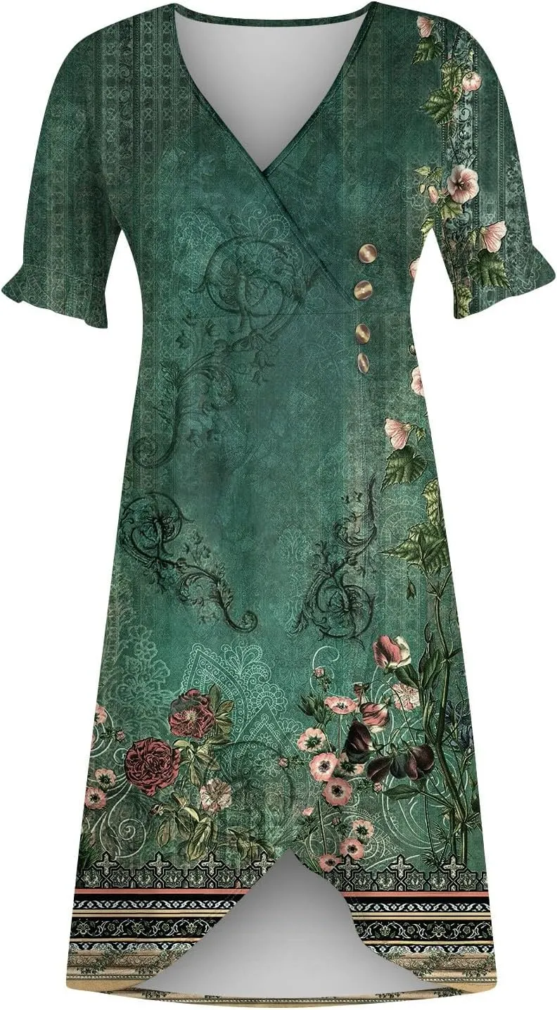 Summer Dresses for Women 2025 Short Sleeve Casual Flowy Dresses V Neck Floral Vacation Sundress Faux Wrap Midi Dress