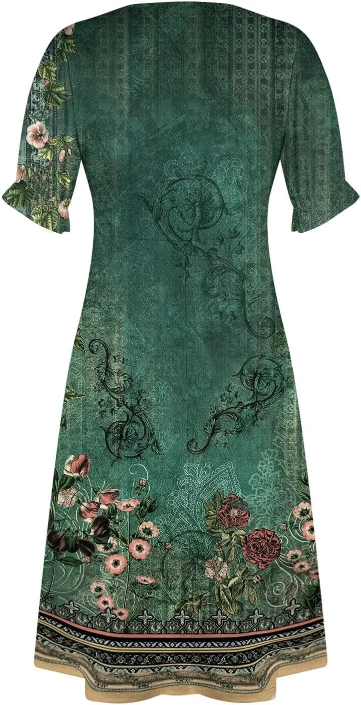 Summer Dresses for Women 2025 Short Sleeve Casual Flowy Dresses V Neck Floral Vacation Sundress Faux Wrap Midi Dress
