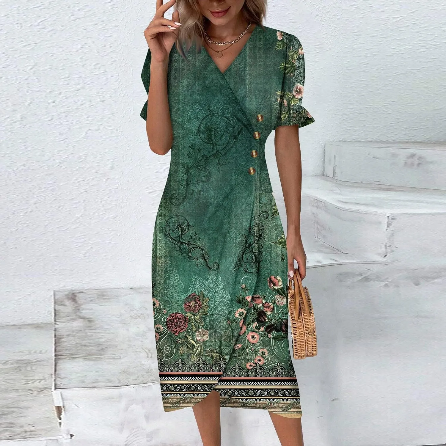 Summer Dresses for Women 2025 Short Sleeve Casual Flowy Dresses V Neck Floral Vacation Sundress Faux Wrap Midi Dress