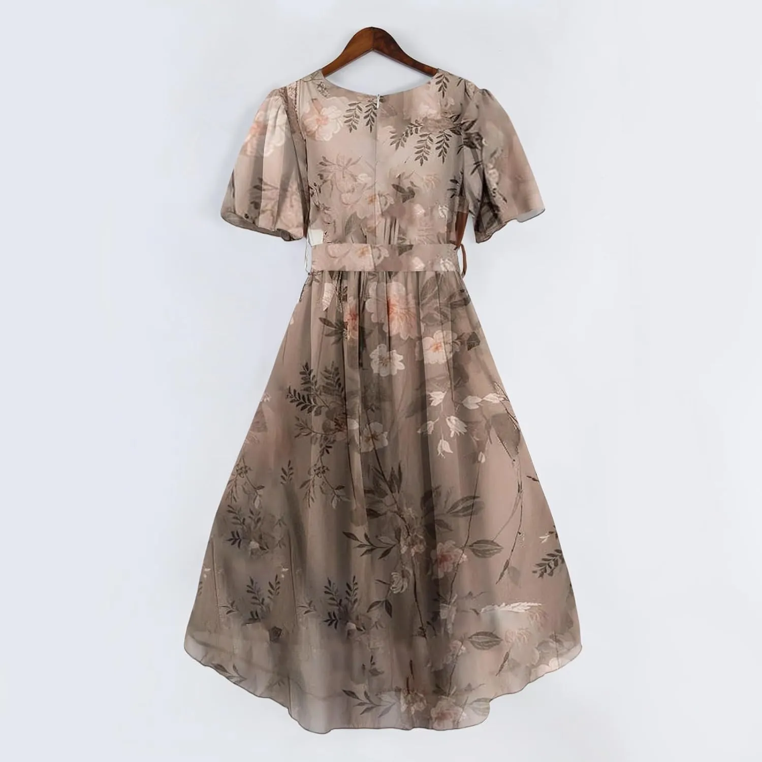 Summer Floral Chiffon Dresses for Women 2025 Midi Trendy Short Sleeve V Neck Tie Elastic Waist Flowy Swing A Line Dress