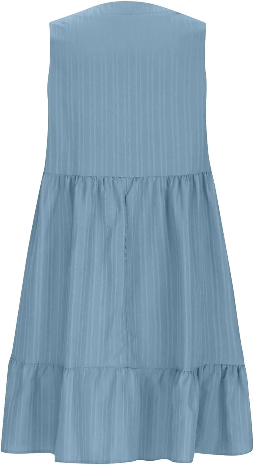 Summer Mini Dress for Women 2025 Pleated Ruffle Dresses Sleeveless V Neck Patchwork Sundress Beach Vacation Outfits