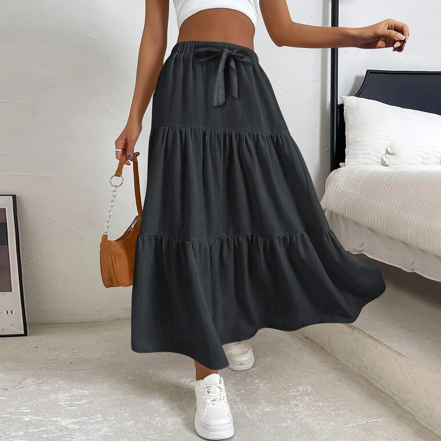 Summer Skirts for Women Boho Casual Elegant Smock Layered Tiered Maxi Skirt High Waisted A Line Flowy Long Skirts