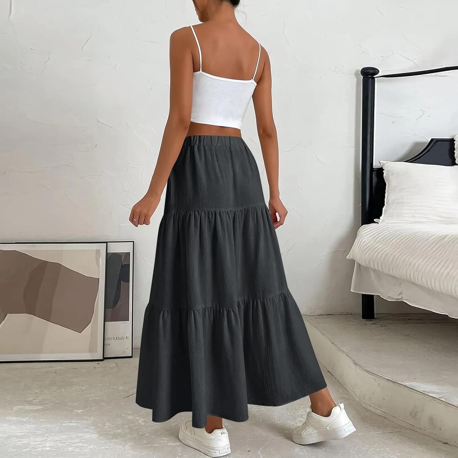 Summer Skirts for Women Boho Casual Elegant Smock Layered Tiered Maxi Skirt High Waisted A Line Flowy Long Skirts