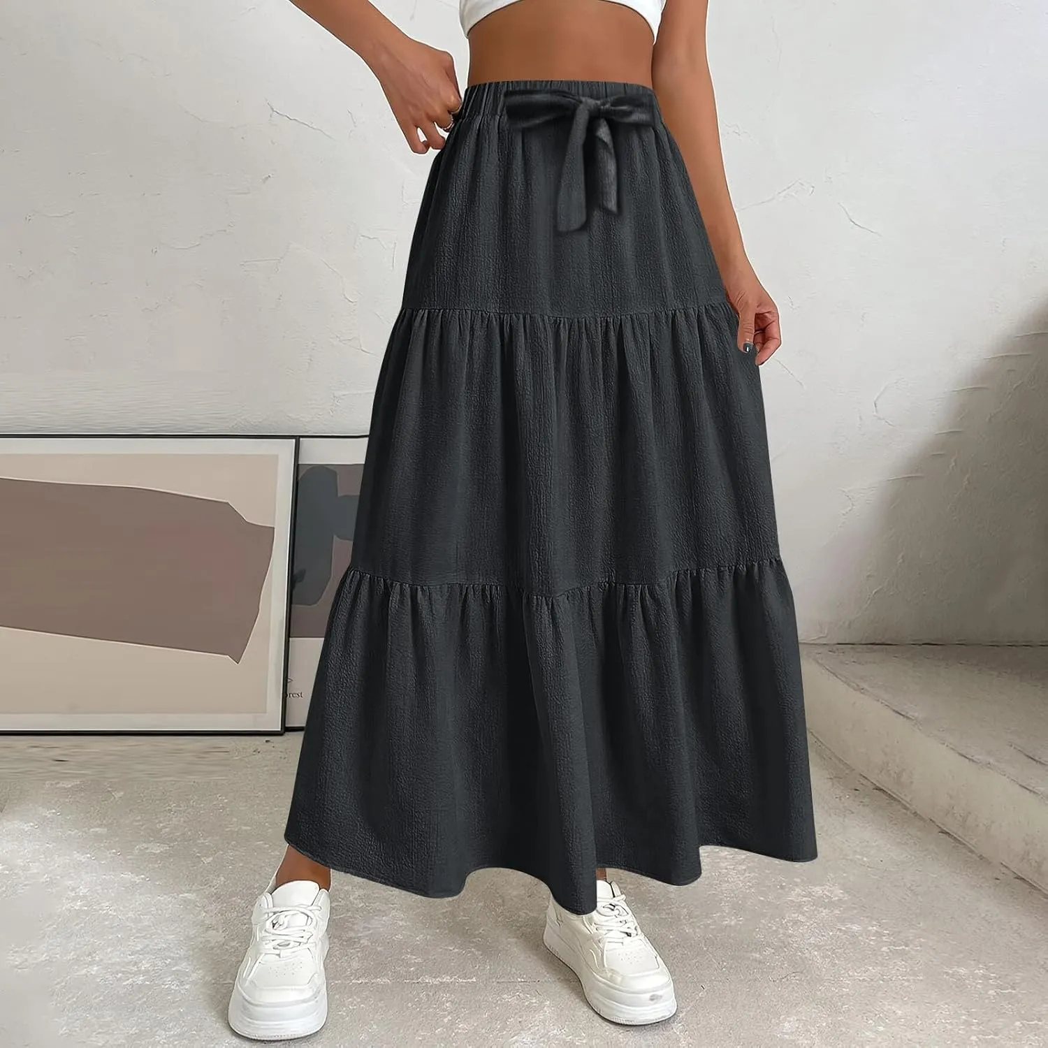 Summer Skirts for Women Boho Casual Elegant Smock Layered Tiered Maxi Skirt High Waisted A Line Flowy Long Skirts