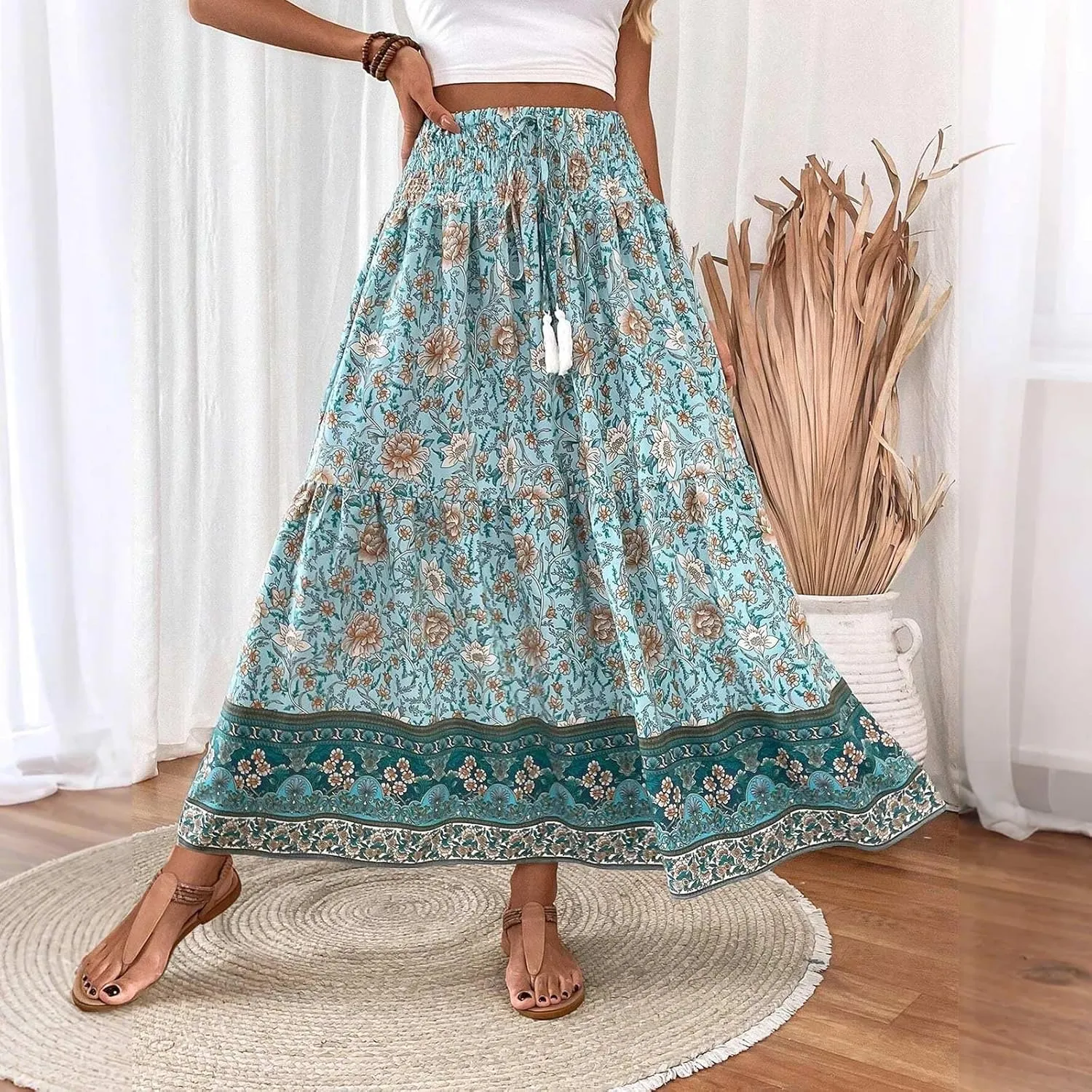 Summer Skirts for Women Boho Casual Elegant Smock Layered Tiered Maxi Skirt High Waisted A Line Flowy Long Skirts