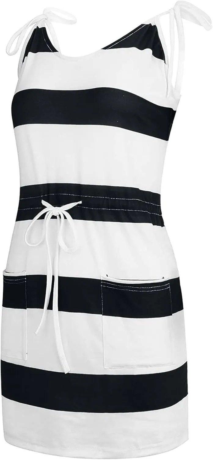 Summer Sundresses Halter Vacation Women Summer Casual Striped Dress Sleeveless Halter Strap Flowy Boho with Pockets