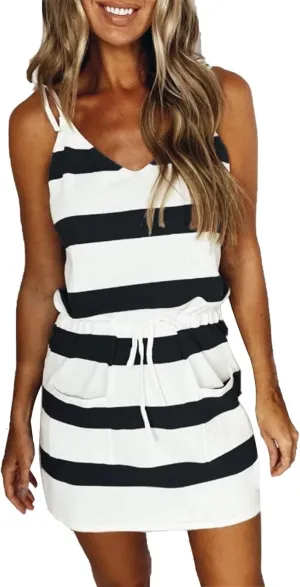 Summer Sundresses Halter Vacation Women Summer Casual Striped Dress Sleeveless Halter Strap Flowy Boho with Pockets